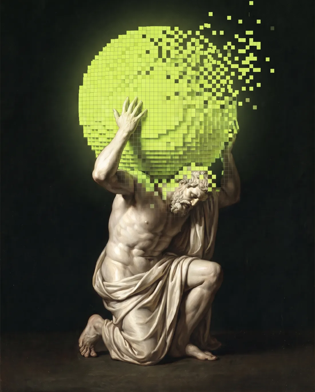 A marble Atlas carries a glowing globe made of pixels.
