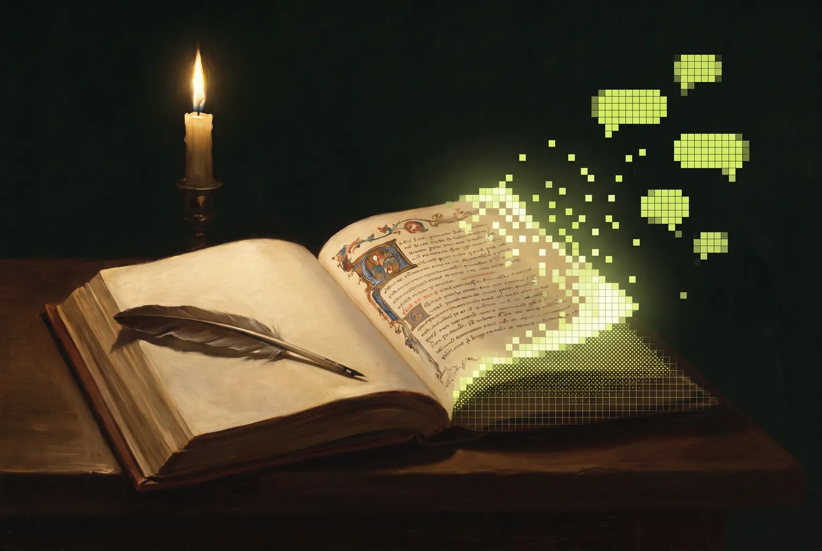 An illuminated manuscript whose handwriting lifts off the page as pixels and chat bubbles.