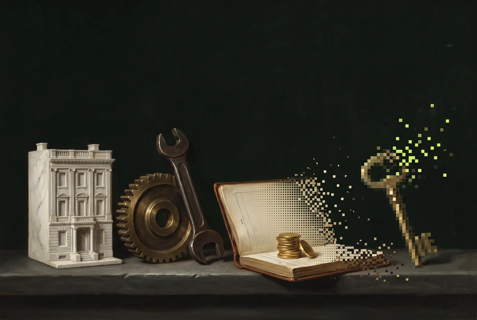 A still life of a marble townhouse model, a brass gear and wrench, a ledger with gold coins, and a vault key, dissolving into pixels.